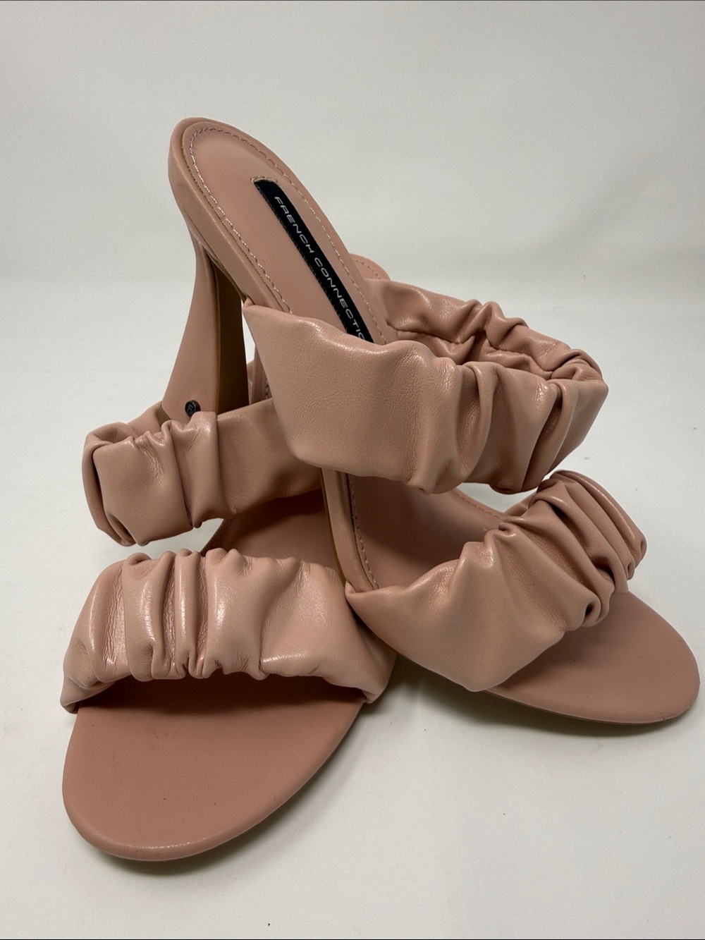 French Connection Blush Pink Ruched Strap Heeled Mules